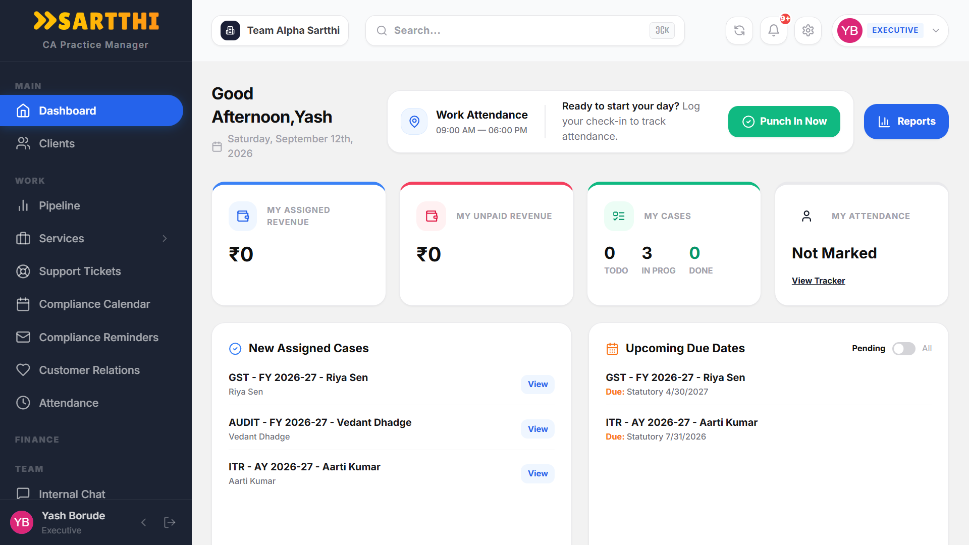 Sartthi CA Practice Manager CRM Dashboard Overview